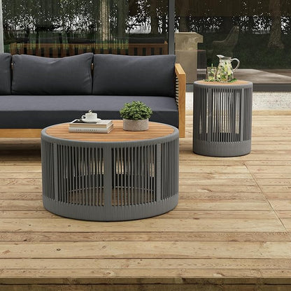 LUMISOL Rustic Industrial Table Set of 2 for Outdoor, Coffee Table & Side Table with Woven Rope Design, Patio Table Set for Living Room Garden Balcony, Teak+ Grey