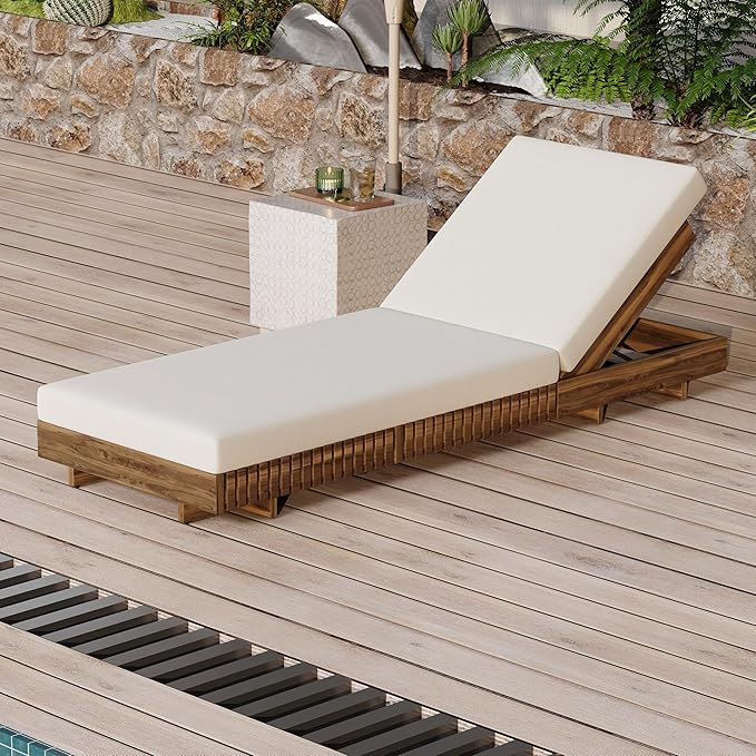 Merax Acacia Wood Chaise Lounge Set w/ 6-Position Adjustable Backrest & Cushion - Outdoor Patio Poolside Furniture, Beige