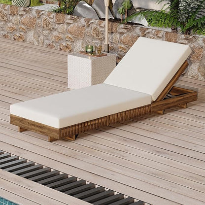 Merax Acacia Wood Chaise Lounge Set w/ 6-Position Adjustable Backrest & Cushion - Outdoor Patio Poolside Furniture, Beige