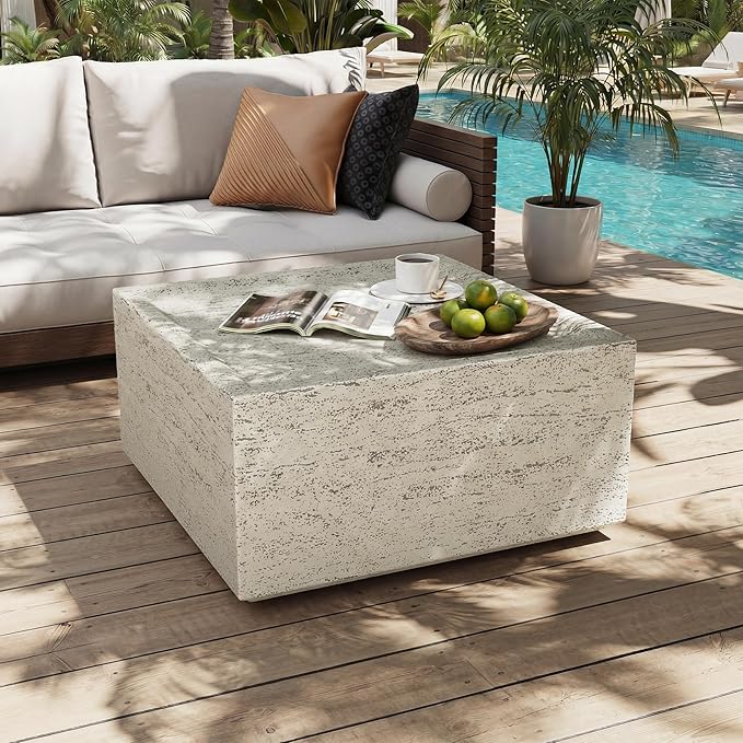 UPHA 28" Square Outdoor Coffee Table, Modern Hollow Concrete Patio Table, Small Minimalist Low Accent Table for Living Room, Balcony, Deck, Backyard, Off-White