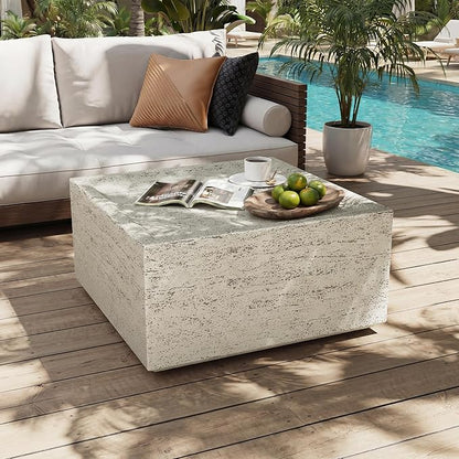 UPHA 28" Square Outdoor Coffee Table, Modern Hollow Concrete Patio Table, Small Minimalist Low Accent Table for Living Room, Balcony, Deck, Backyard, Off-White