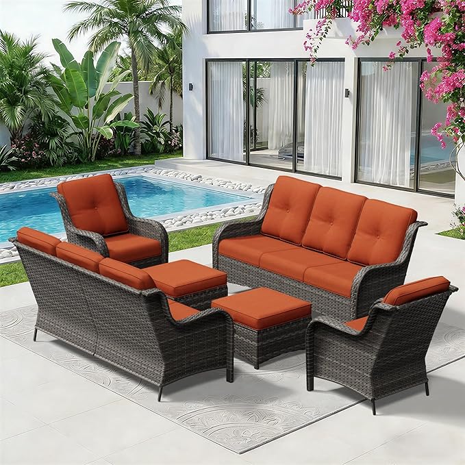 6 Piece Outdoor Wicker Patio Furniture Set, Patio Chairs Set with Thickened Olefin Cushions, High Back and Deep Seating - Photo 9