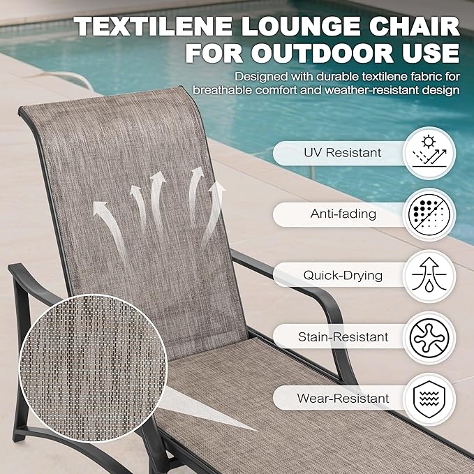 NUU GARDEN Outdoor Chaise Lounge Set of 3, Textilene Patio Chaise Lounges with 5-Level Adjustable Backrest, Outdoor Chaise Lounge Chairs, Sunbathing Loungers, Side Table Included, Black and Brown