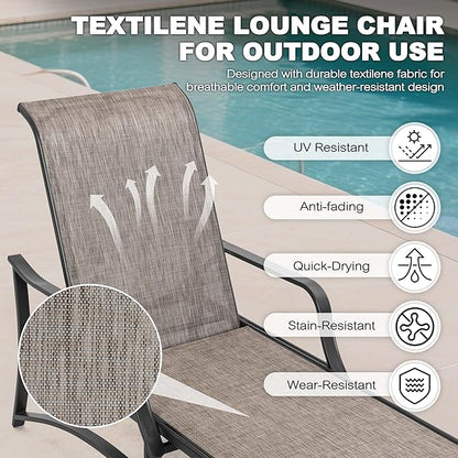 NUU GARDEN Textilene Metal Outdoor Lounge Chairs Set of 2, Adjustable 5-Position Recliner, All-Weather Patio Chaise for Pool, Backyard, Lawn, Beach, Sunbathing–Black Brown