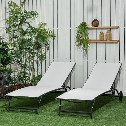 Outsunny Chaise Lounge Outdoor, 2 Piece Lounge Chair with Wheels, Tanning Chair with 5 Adjustable Positions for Patio, Beach, Yard, Pool, Cream White