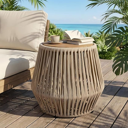 Merax Bohemian Round Outdoor Side Table with Acacia Wood Top and Beige Handwoven Rope Base, Boho Patio Coffee Table for Garden, Pool, Deck, Balcony, Yard