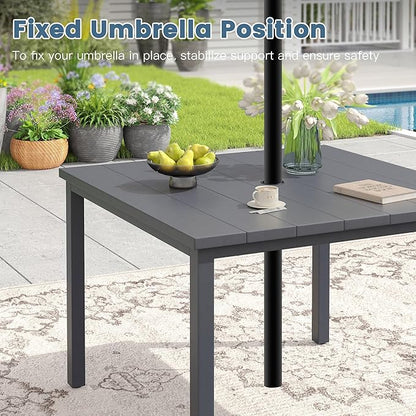 DIFY 40.2" Square Outdoor Dining Table for 4, Slatted Metal Patio Table with Adjustable Umbrella Hole, All-Weather Patio Dining Table for Garden Backyard Deck, Grey Tabletop