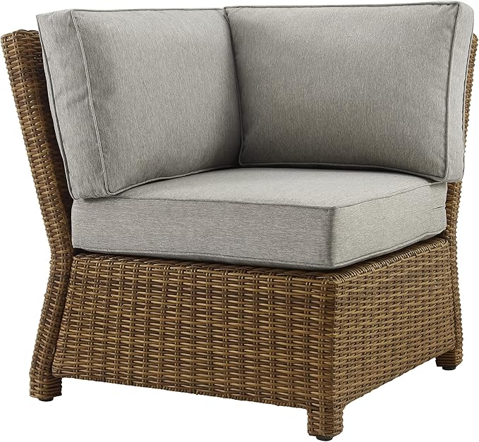 Crosley Furniture Bradenton Corner Outdoor Sectional Chair, Wicker Patio Chairs for Porch, Deck, Backyard, Brown with Gray Cushions