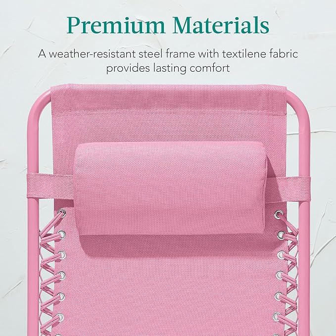 Best Choice Products Adjustable Zero Gravity Chair, Monochromatic Color Folding Patio Recliner w/Side Tray, Headrest - Carnation