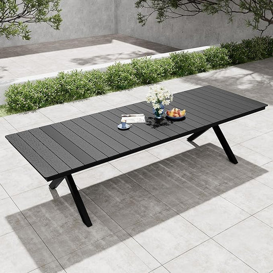 Pellebant 118" Outdoor Dining Table for 8-12, 10ft Aluminum Patio Table with Umbrella Hole, Weather Resistant Black Wood Grain Tabletop and Sturdy Frame for Deck, Porch, Backyard