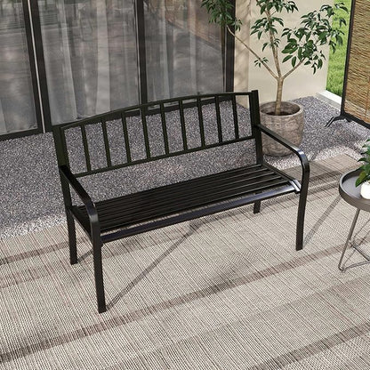 Giantex Metal Outdoor Bench, Patio Garden Bench with Backrest, Curved Armrests, Slatted Seat for 2-3 Persons, 660 LBS, Heavy-Duty Outside Seating Loveseat for Yard, Porch, Park, Black