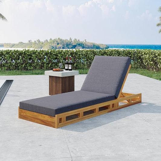 GDFStudio Outdoor Lounge Chaise Set with 4" Water-Resistant Cushions,4-Position Adjustable Backrest Recliner,Acacia Wood Lounger Chair for Patio,Garden,Poolside,Balcony,Deck,79" A Dark Gray,Teak