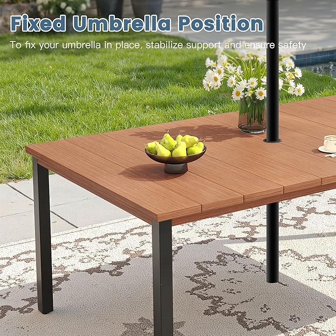 DIFY 63" Rectangle Outdoor Dining Table for 6, Slatted Metal Patio Table with Adjustable Umbrella Hole, All-Weather Patio Dining Table for Garden Backyard Deck, Walnut Tabletop