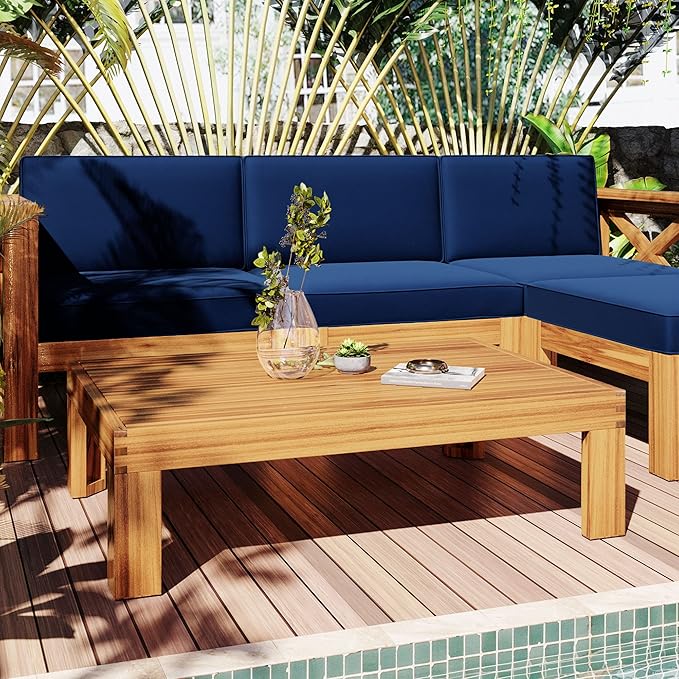 Outdoor Backyard Patio Wood 5-Piece Sectional Sofa Seating Group Set with Cushions, Natural Finish+ Blue Cushions - Photo 3
