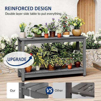 Outdoor Console Table, 48" Weather Resistant HIPS Patio Side Table, 440LBS Weight Capacity, 2-Tier Multifunctional Buffet Bar Storage Organizer for Garden Deck, Gray