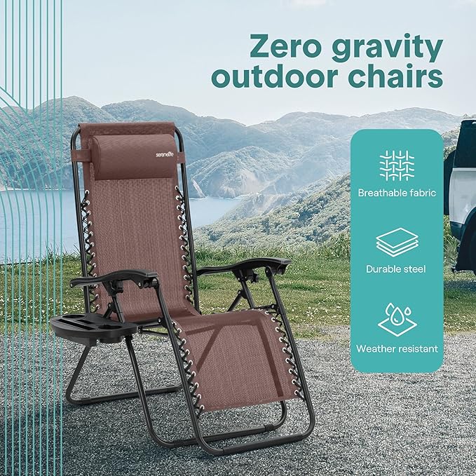 SereneLife Set of 2 Adjustable Steel Mesh Zero Gravity Lounge Chair Recliners w/Pillows and Cup Holder Trays - Brown