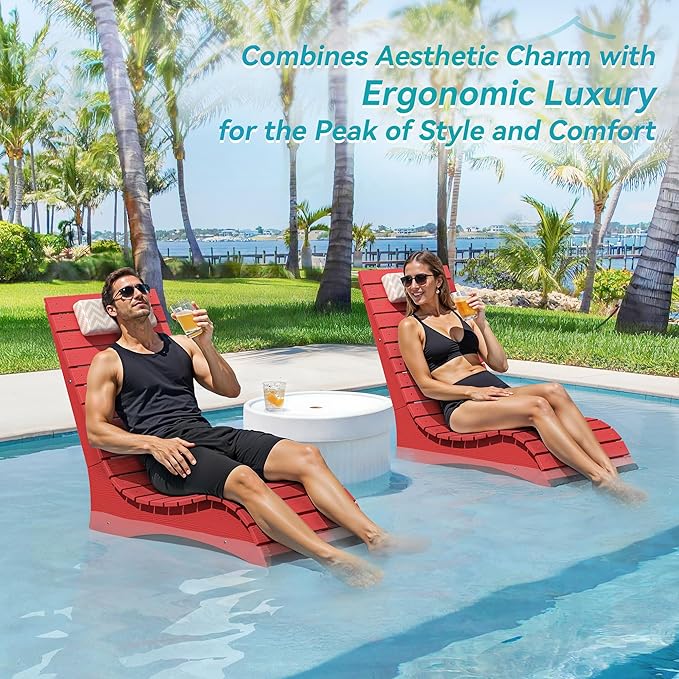 HDPS Pool Lounge Chairs Set of 2, Use in Pools Lounge Chairs up to 10-Inches of Water, Chaise Chairs with Headrest, Lounge Chair Outdoor, Fade-Resistant Pool Lounger for Deck