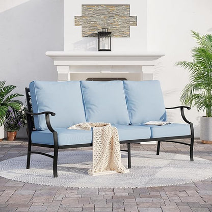 Metal Patio Furniture Sofa with 5.75" Extra Thick Waterproof Cushion, 3-Seater Deep Seating & High-Back Outdoor Couch All Weather Outdoor Seating for Backyard Deck Front Porch, Blue