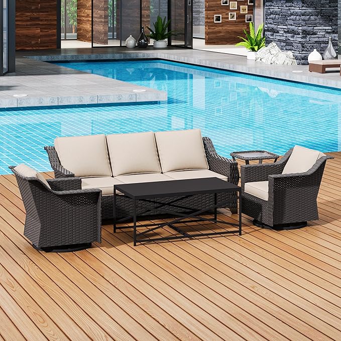 5 Pieces Outdoor Conversation Furniture Set - 77" Patio Sofa, 2 Swivel Rocker Chairs, 1 Side Table, 1 Metal Coffee Table - Photo 1