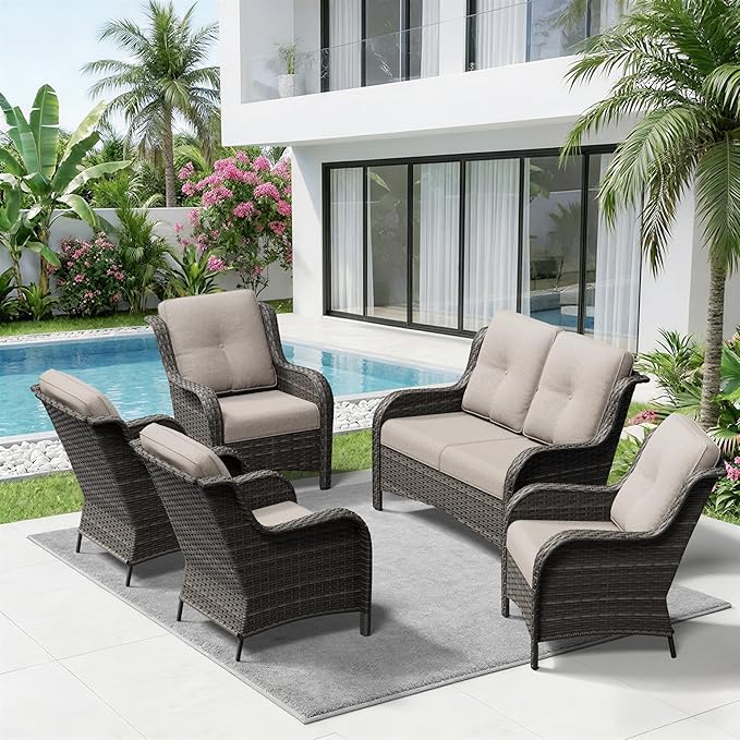 5 Piece Outdoor Wicker Patio Furniture Set, Patio Chairs Set with Thickened Olefin Cushions, High Back and Deep Seating - Photo 9
