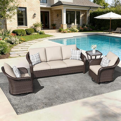 4 PCS Patio Conversation Set | 78" Couch, 2 Swivel Chairs, 1 Side Table， Outdoor Wicker Conversation Furniture with Removable Cushions for Bistro, Deck, Sunroom(Beige)