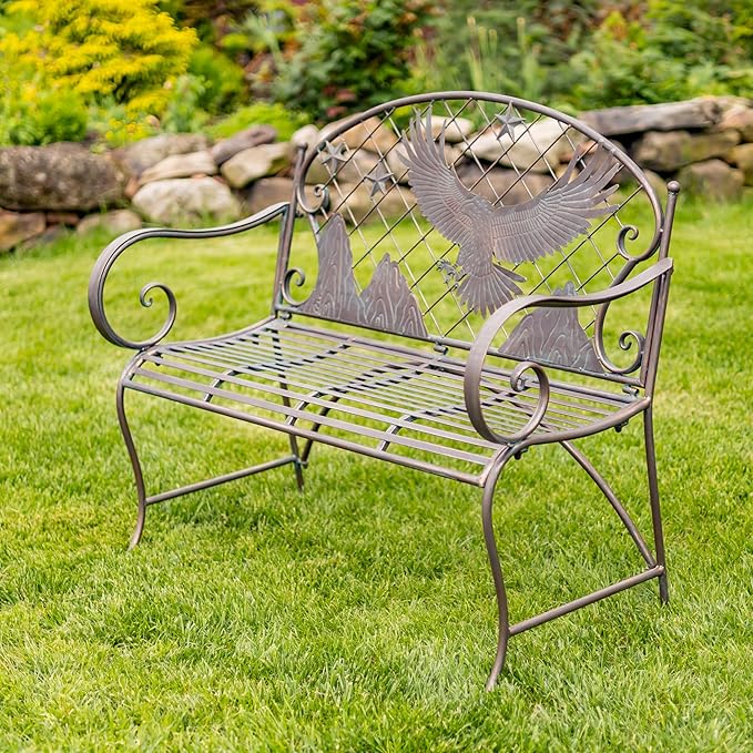 Classic Iron Garden Bench with Nature Scenery (Flying Eagle Backrest in Bronze)