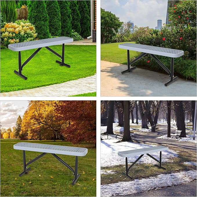 4 Feet Outdoor Steel Bench, Gray Heavy Duty Metal Park Bench for Outside, Weatherproof Dock Bench, 48" L Commercial Benches Mesh Bench for Shopping Mall, Store, Lawn, Park, Patio, Deck, Garden