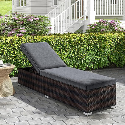 Tangkula Outdoor Chaise Lounge, Patio Wicker Lounge Chair w/ 4-Level Backrest, Heavy-Duty Metal Frame, Outside Rattan Reclining Chair w/Long Seat Cushion for Backyard, Poolside