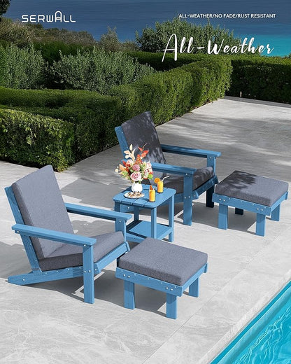 SERWALL Adirondack Chair with Cushion and Ottoman -All Weather HDPE Outdoor Adirondack Chair Set, Durable Adirondack Patio Chairs for Garden, Deck, or Poolside- Blue