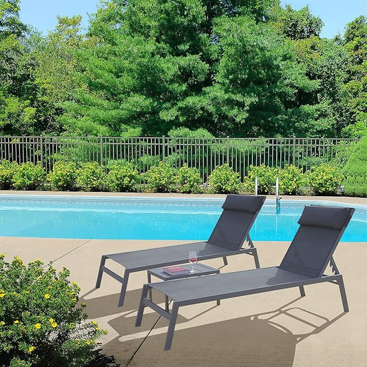 Domi 3 Pieces Adjustable Chaise Lounge Set Outdoor Patio Lounge Chair All Weather Five-Position Recliner Chair Set w/Coffee Table for Patio, Pool, Yard (Grey)