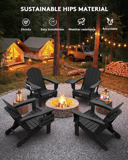 SERWALL Folding Adirondack Chair, Patio Adirondack Chairs with 4 in 1 Cup Holder Trays, All Weather Fire Pit Chair for Outdoor, Garden - Black