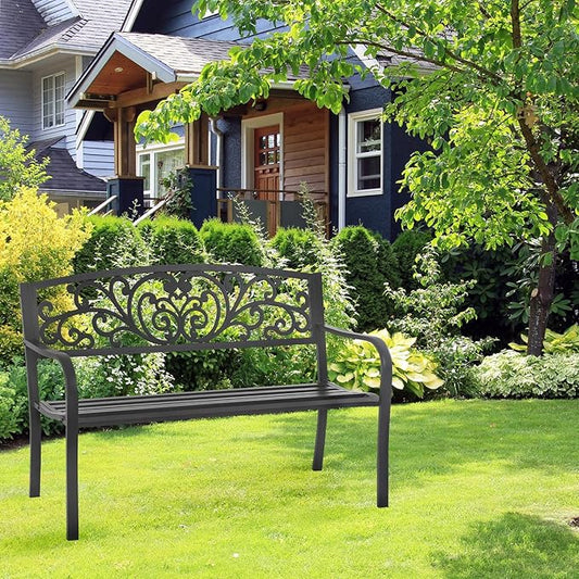 Black Metal Garden Bench, Antique Outside Bench, 50" Seat for 2 People, Durable Iron Frame for Park Yard Porch Outdoors Chair