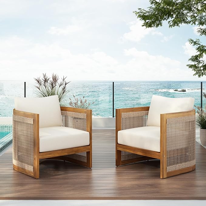 Merax Acacia Wood Outdoor Club Chair Set of 2, Woven Rope Accents Design, Wooden Patio Accent Chair Set - Photo 6