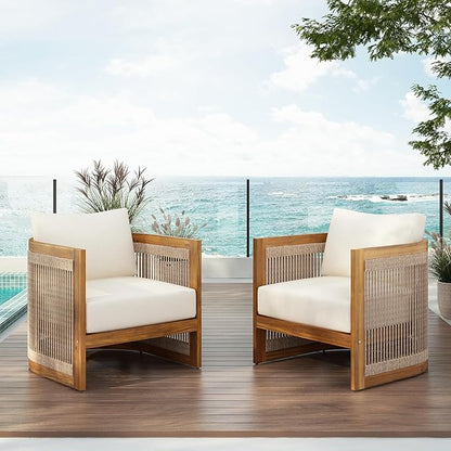 Christopher Knight Home Dora Set of 2 Patio Club Chair with Cushions, Acacia Wood Lounge Chair Outdoor, Woven Accents, Curved Design Side Chair for Balcony Backyard Garden Poolside, Beige + Teak