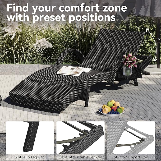 Outdoor Wicker Chaise Lounge Chairs Set of 2, Patio Rattan Sunbathing Recliners with Pull-Out Side Table and Adjustable Backrest for Pool (Black/2)