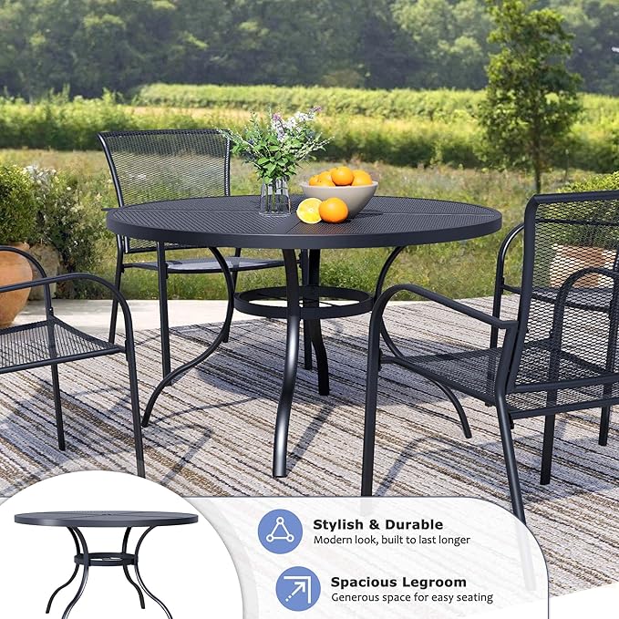 Round Patio Dining Table,All-Weather Metal Steel Mesh Patio Table with Umbrella Hole,Outdoor Dining Table for Lawn Garden Porch, Black