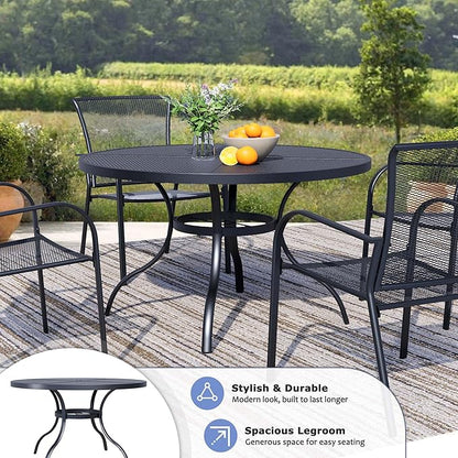 Round Patio Dining Table,All-Weather Metal Steel Mesh Patio Table with Umbrella Hole,Outdoor Dining Table for Lawn Garden Porch, Black