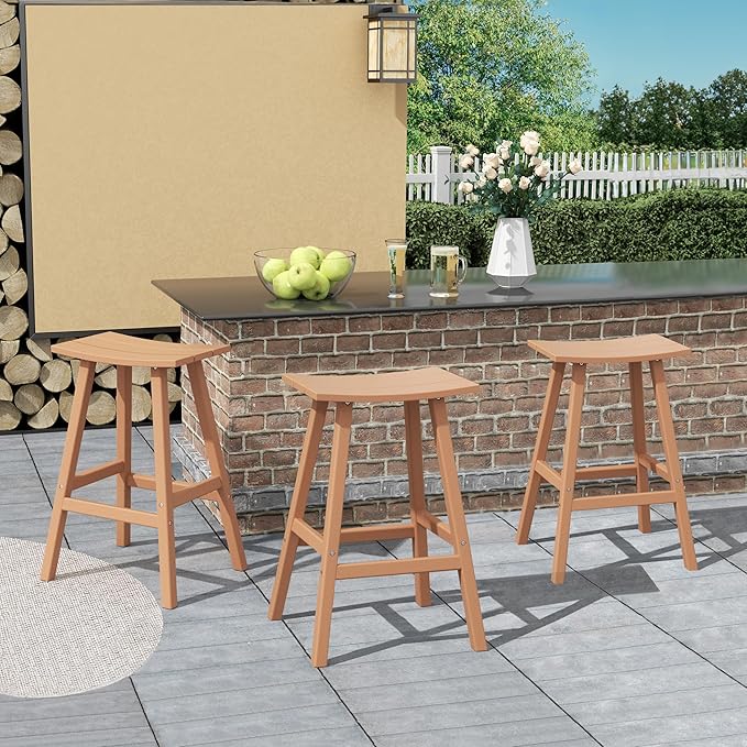 Costaelm All-Weather Bar Stools Set of 3, 29" Height Outdoor Bar Stools, Adirondack Poly Patio Bar Stool for Patio, Deck, Kitchen Counter and Garden, Teak