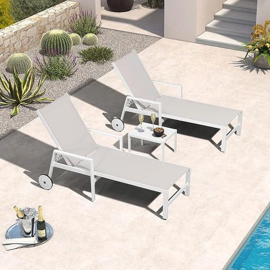 PURPLE LEAF Outdoor Lounge Chairs Set of 2 White Aluminum Chaise Lounge Chaisr Outdoor with Wheels and Armrest for Patio Deck Pool Side Table Include, Linen