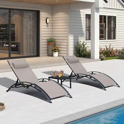 PURPLE LEAF Patio Chaise Lounge Set of 3 Outdoor Lounge Chair Beach Pool Sunbathing Lawn Lounger Recliner Outside Tanning Chairs with Arm for All Weather, Side Table Included, Taupe