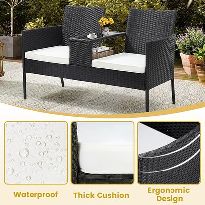 Kromax Wicker 2 Seat Patio Loveseat, Outdoor Rattan Loveseat with Table, Washable Cushion Covers, Backyard, Garden, Lawn, Black Rattan with White Cushion