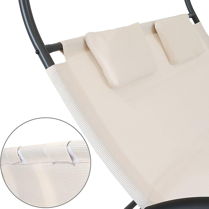 Sunnydaze Outdoor Double Chaise Lounge with Canopy Shade and Headrest Pillows - Beige Fabric with Black Powder-Coated Frame