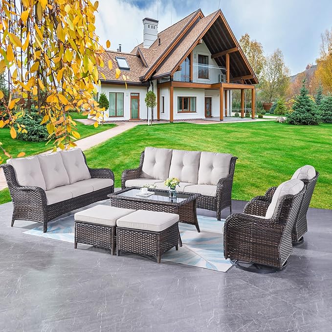 Rilyson Wicker Patio Furniture Set - 7 Piece Rattan Outdoor Sectional Conversation Sets with 2 Rocking Swivel Chairs - Photo 1