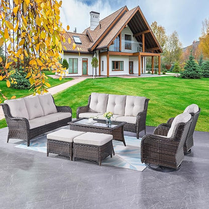 Rilyson Wicker Patio Furniture Set - 7 Piece Rattan Outdoor Sectional Conversation Sets with 2 Rocking Swivel Chairs,2 Ottomans,2 Sofa and 1 Coffee Table for Porch Deck Garden(Brown/Beige)