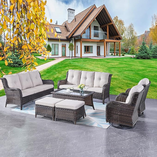 Rilyson Wicker Patio Furniture Set - 7 Piece Rattan Outdoor Sectional Conversation Sets with 2 Rocking Swivel Chairs - Photo 1
