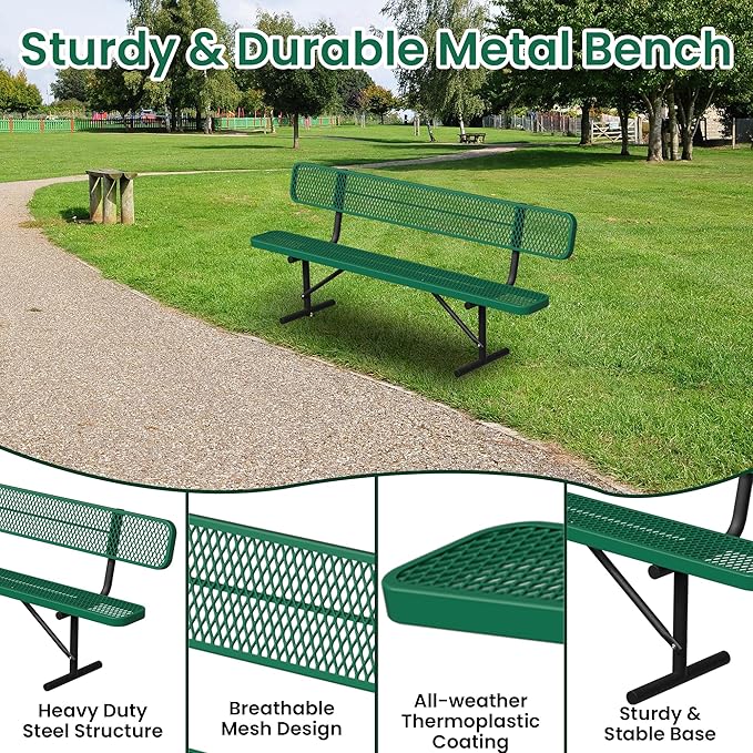 Heavy Duty Park Bench with Back Portable Frame, Outdoor Steel Bench with Backrest, Outdoor Park Bench Expanded Metal Mesh Bench for Lawn, Park, Deck, Garden, Patio, Porch, Black (Green, 8FT)