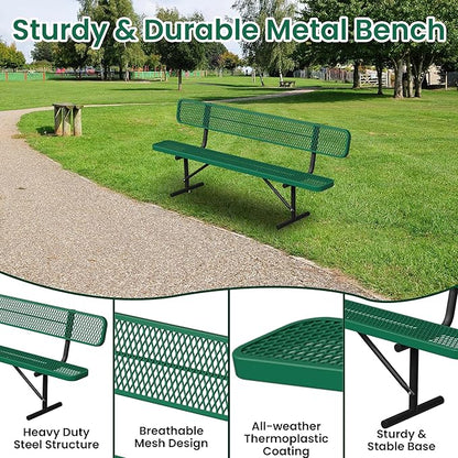 Heavy Duty Park Bench with Back Portable Frame, Outdoor Steel Bench with Backrest, Outdoor Park Bench Expanded Metal Mesh Bench for Lawn, Park, Deck, Garden, Patio, Porch, Black (Green, 8FT)