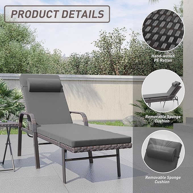 ALAULM 3 Pieces Outdoor Chaise Lounge Set Rattan Wicker Adjustable Pool Lounge Chair w/Folding Table,Patio Armrest Recliner for Beach, Poolside,Black