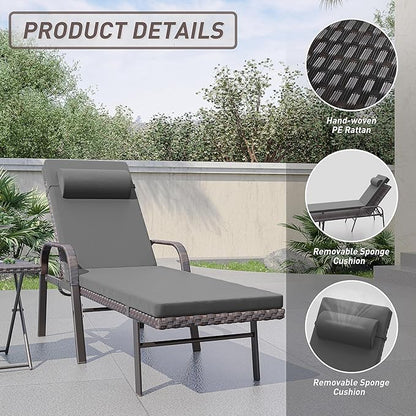 ALAULM 3 Pieces Outdoor Chaise Lounge Set Rattan Wicker Adjustable Pool Lounge Chair w/Folding Table,Patio Armrest Recliner for Beach, Poolside,Black