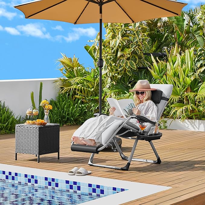 Yaheetech Zero Gravity Chair, Folding Reclining Lounge Recliner with Removable Pad & Headrest & Side Cup Holder Tray - Photo 2